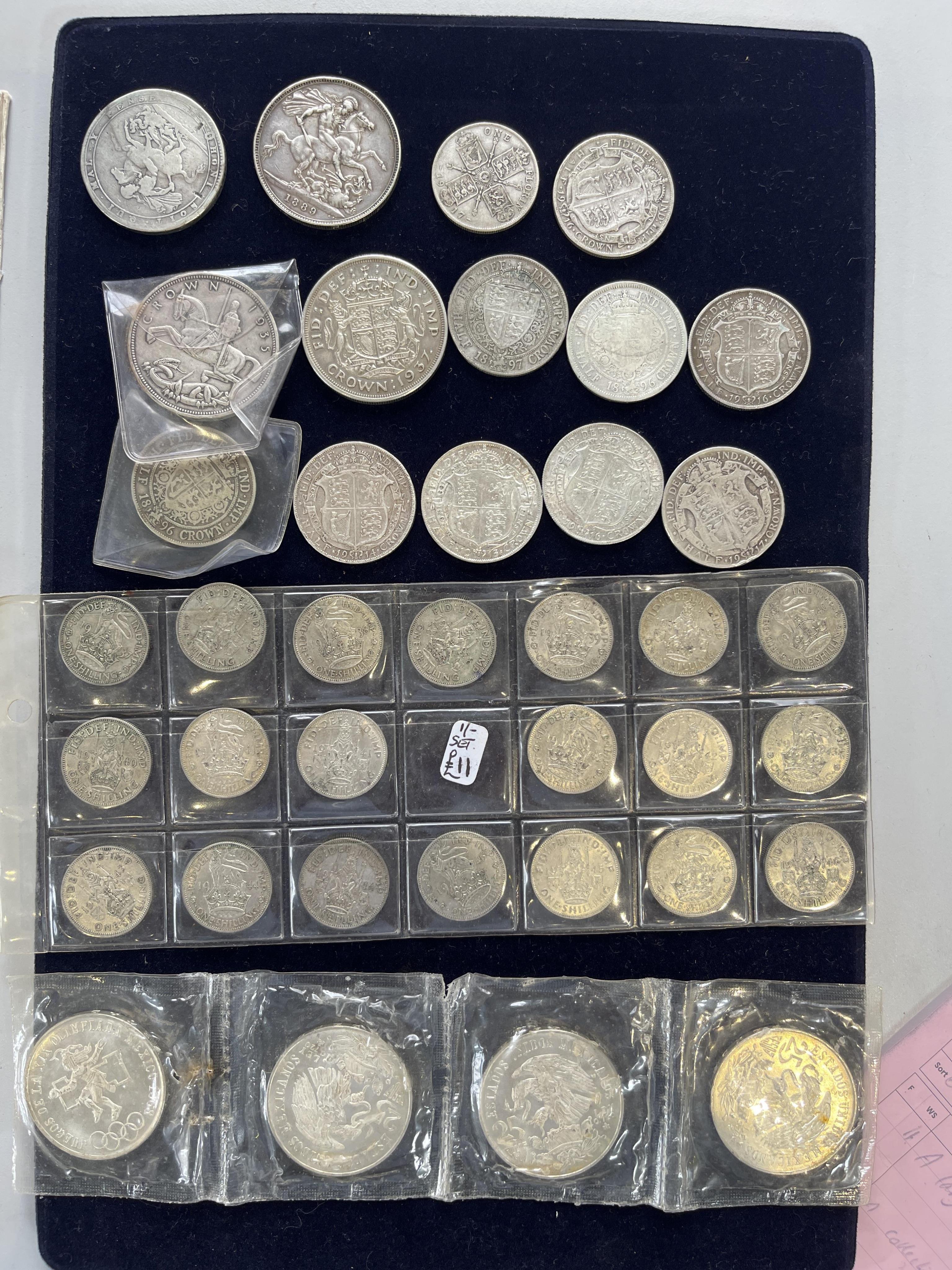 British silver coins, to include George III to George VI silver 1819, 1889, 1935 and 1937, halfcrowns, florins and shillings, four Mexico silver 25 pesetas 1968, a cased Jamaica, 1972 proof set, various cupronickel crown